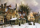 Willem Koekkoek A Townview with Figures on a Snow Covered Street painting